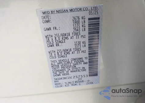 2025 Nissan Pathfinder Sv 4Wd z USA, uszkodzony, nr VIN 5N1DR3BC1SC257553